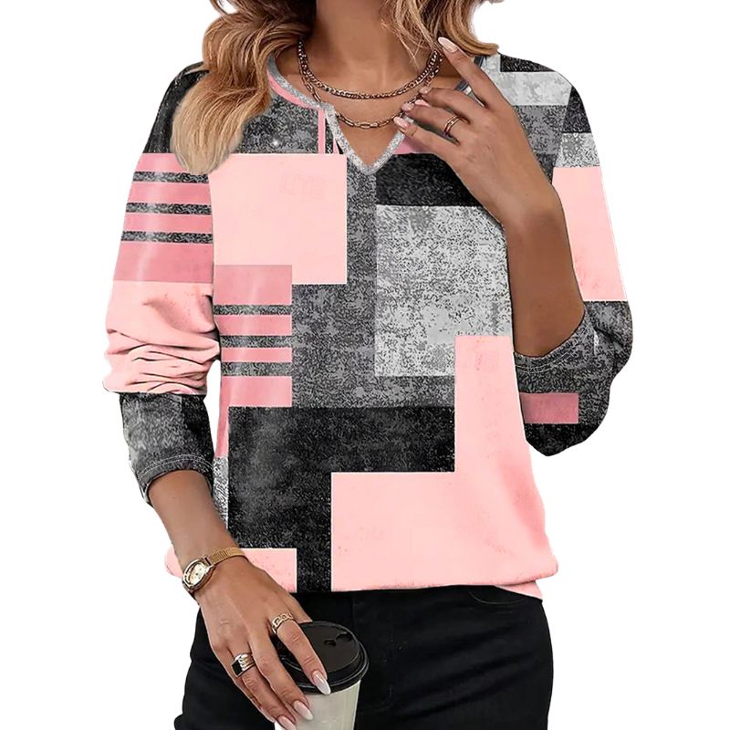 Women's Long Sleeve Notch V-Neck Geometric Plaid Print Top - Vintage Autumn Winter Casual Versatile Pink T-Shirt-CF40571