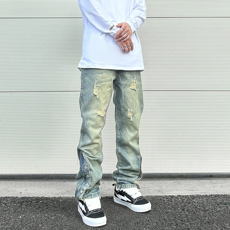 Streetwear Mens Blue Washed Jeans Relaxing Fit Side Zipper Buckle Cone Distressed Hole Denim Retro 250306wtt