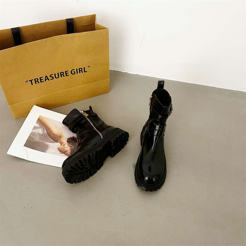 2025 Autumn Winter New Round Toe Chunky Heel Martin Thick Sole Motorcycle Short Belt Buckle Knight Long Boots Women