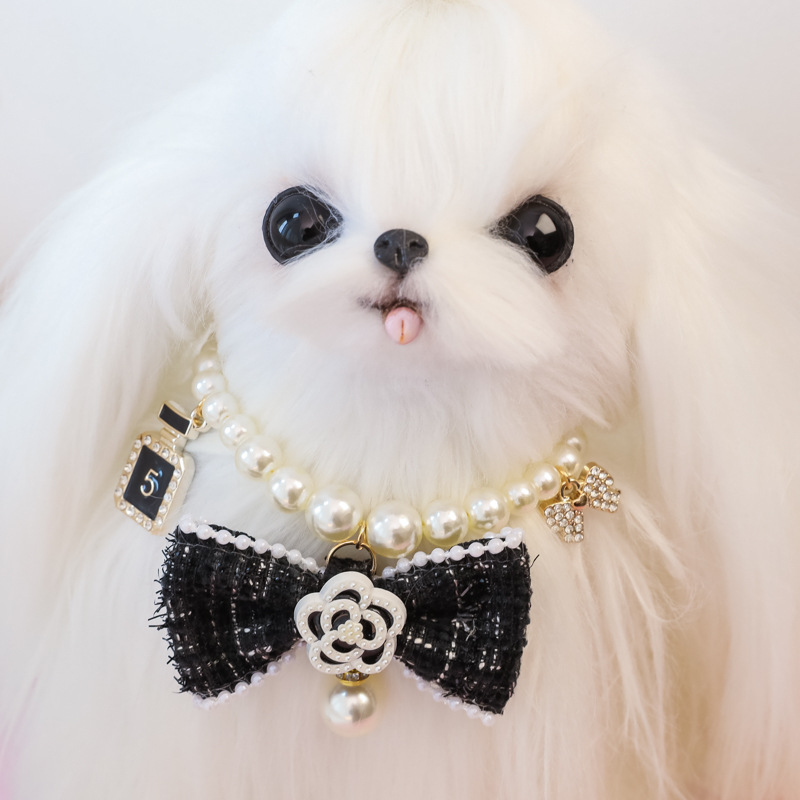 Designer Bow Harness French Pet Collar, High-end Cat Pearl Necklace Accessory, Little Dog Neck Collar and Necklace 4 Colors