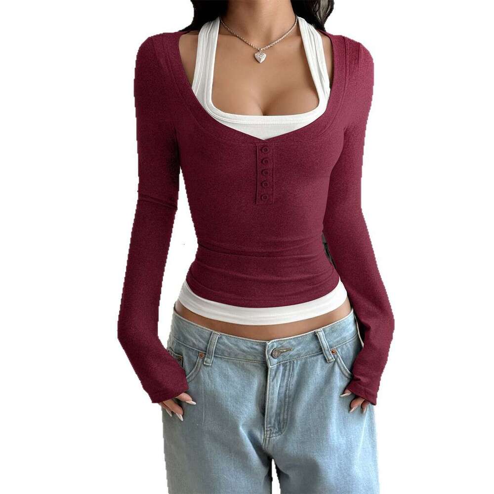 Y2K Hot Girl Style Fake Two-Piece Strap Long Sleeve T-Shirt Women's Fashion 2025 Spring Summer