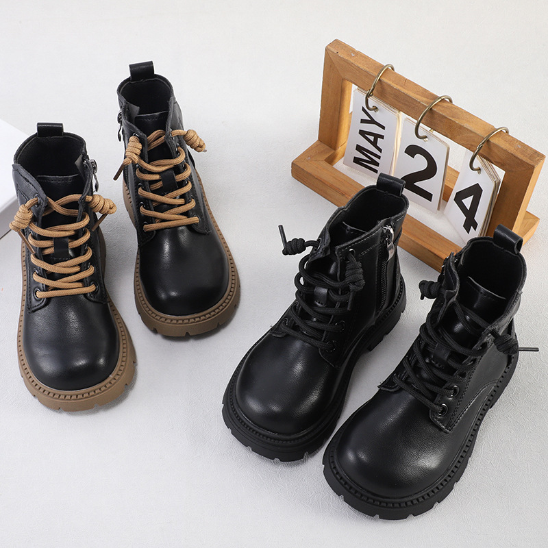 Autumn and Winter New Children's Martin Boots British Boys' Black Boots Side Zipper Girls' Short Boots Fashion Trendy Boots Designer Sh