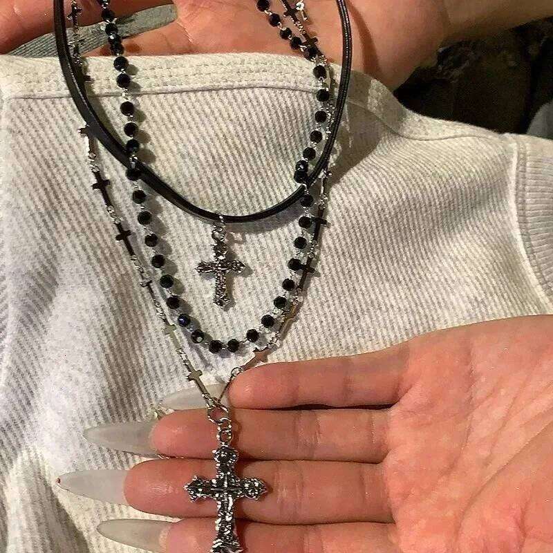 Y2K Multi-Layer Cross Spicy Girl Punk Beaded Pendant Vintage Hip Hop Personalized Chain Cool Long Necklace