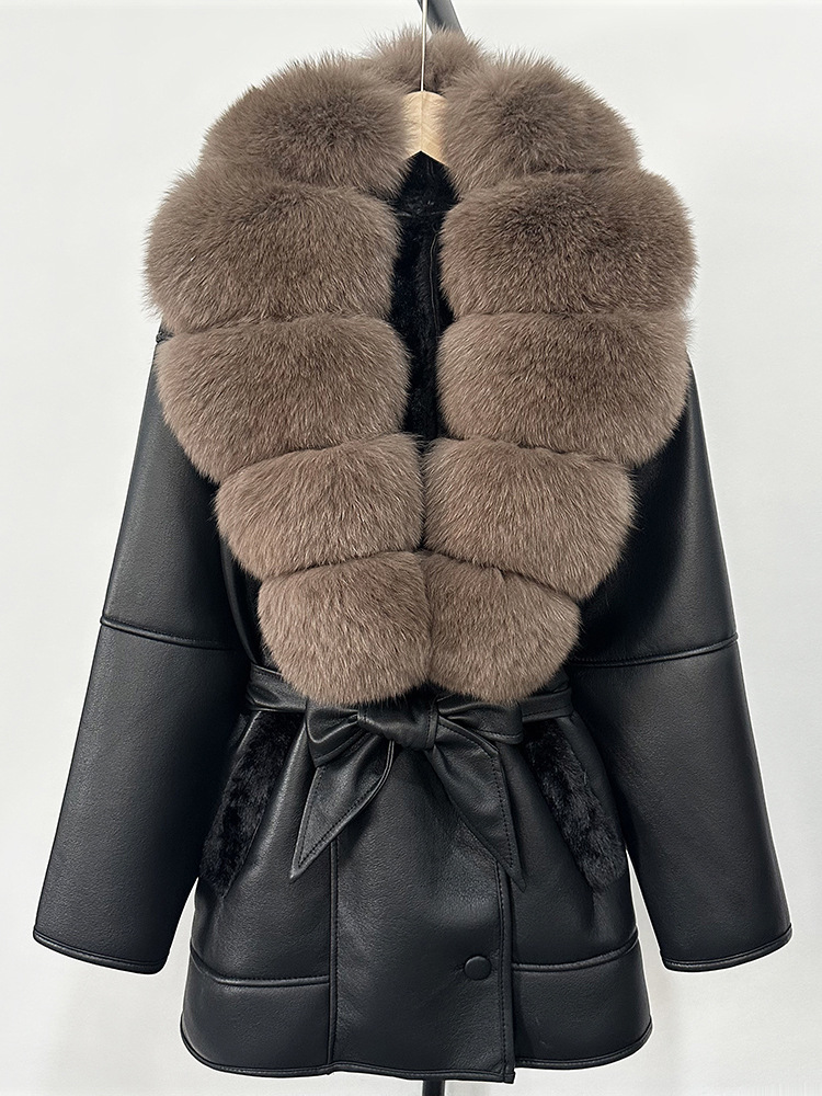 Womens Fur Collar Leather Jacket - European & American Designer Style with High-Waist Cinch