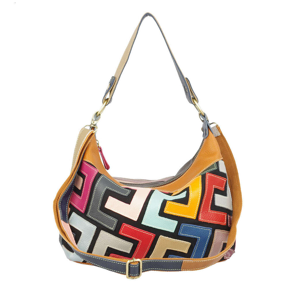 designer bag Luxury bag New Style Cowhide Geometric Pattern Colorful Crossbody Random Color Ethnic Crescent Women's Shoulder Bag