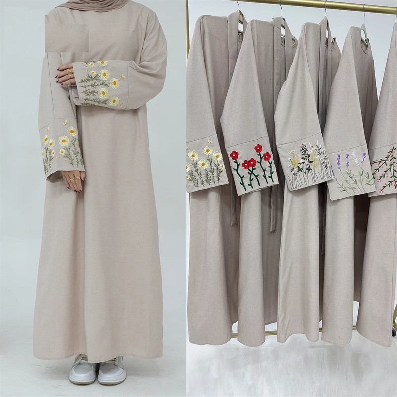 Flower Embroidery Dubai Abaya Modest Muslim Dress Women Loose Islamic Clothing Side Pockets Hijab Robe Casual Ramadan Eid 240715