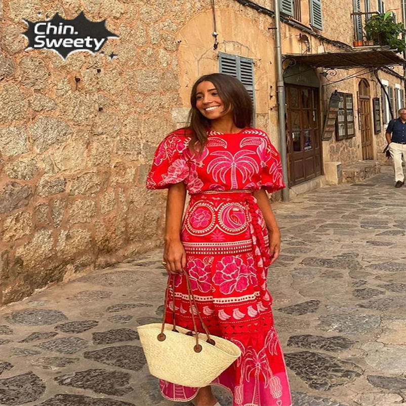 Fashion Red Print Puff Sleeve Lace Up Women Dress Elegant Vintage Casual O Neck Dresses Summer Female Chic High Street Robe 240715