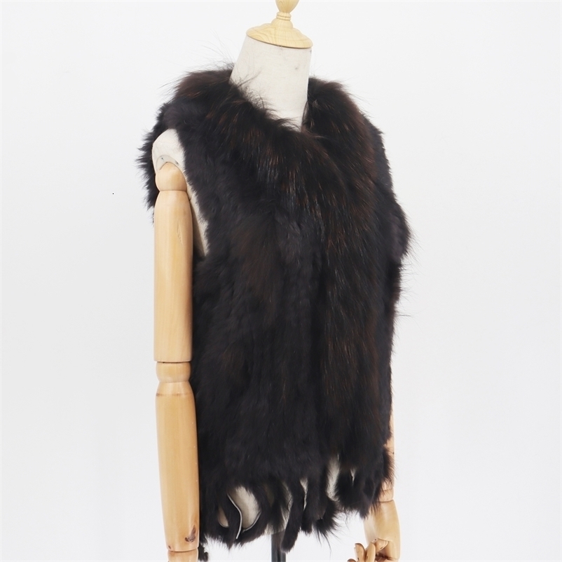 Factory Customized Fashion Real Rabbit Fur Tassel Vest High-end Women Knitted Sleeveless Vests Natural Raccoon Fur Jacket 211206