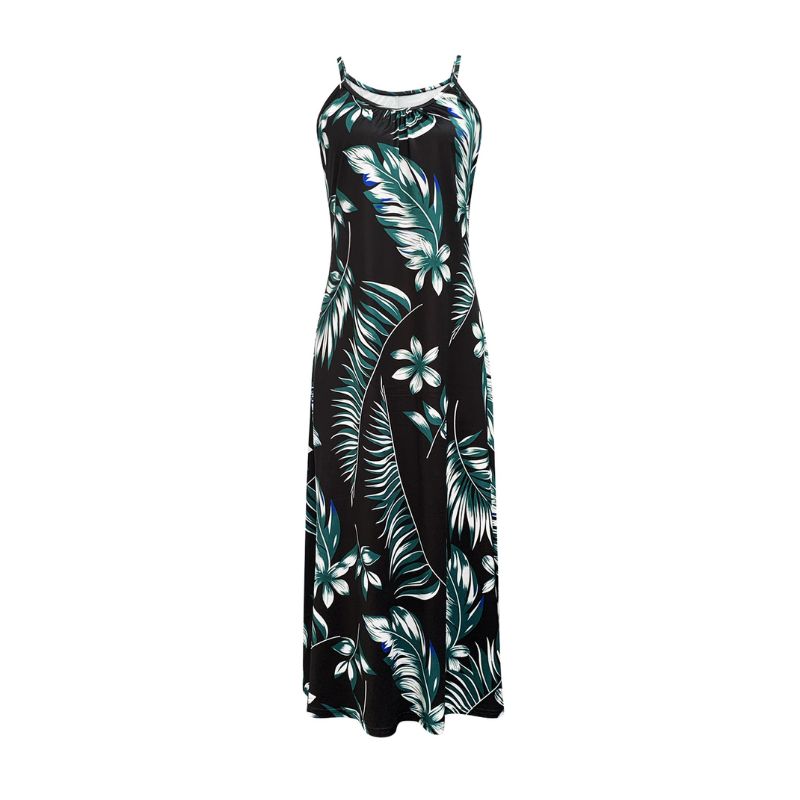 Women's Spaghetti Strap Tropical Plant Print Maxi Dress - Milk Silk Casual Vacation Black Dress-CF52273