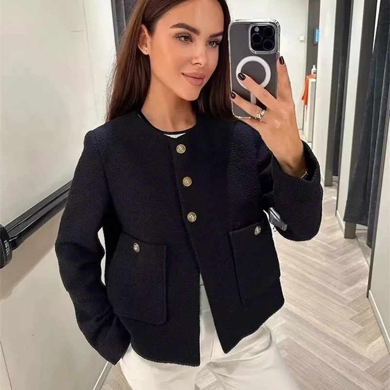 ZRN Women Fashion With Pockets Tweed Jack Coat Vintage Long Sleeve Front Button Female Outerwear Chic Tops 240712