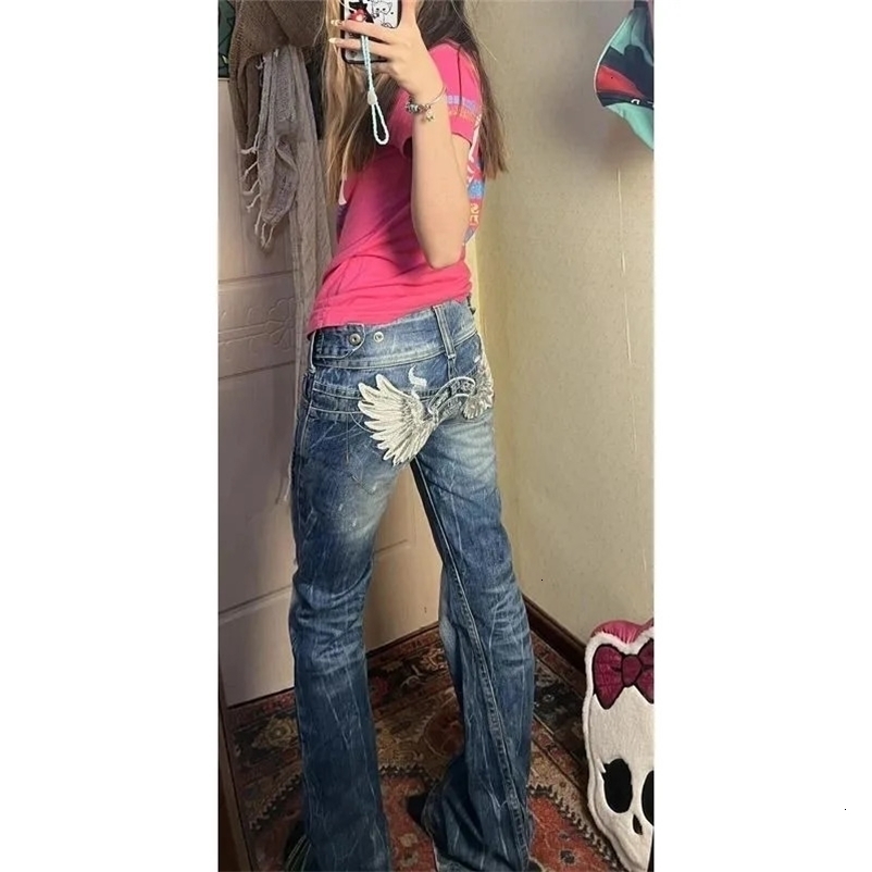 Y2K girl heavy industry wings embroidered pleated jeans womens high street retro low-waist slim trendy boot-cut pants 240626