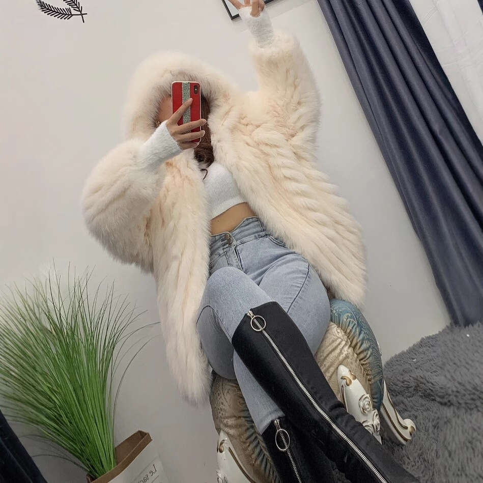 2025 Winter New Finnish Stripe Fox Knitted Coat With Hood Batwing Style Faux Fur Jacket