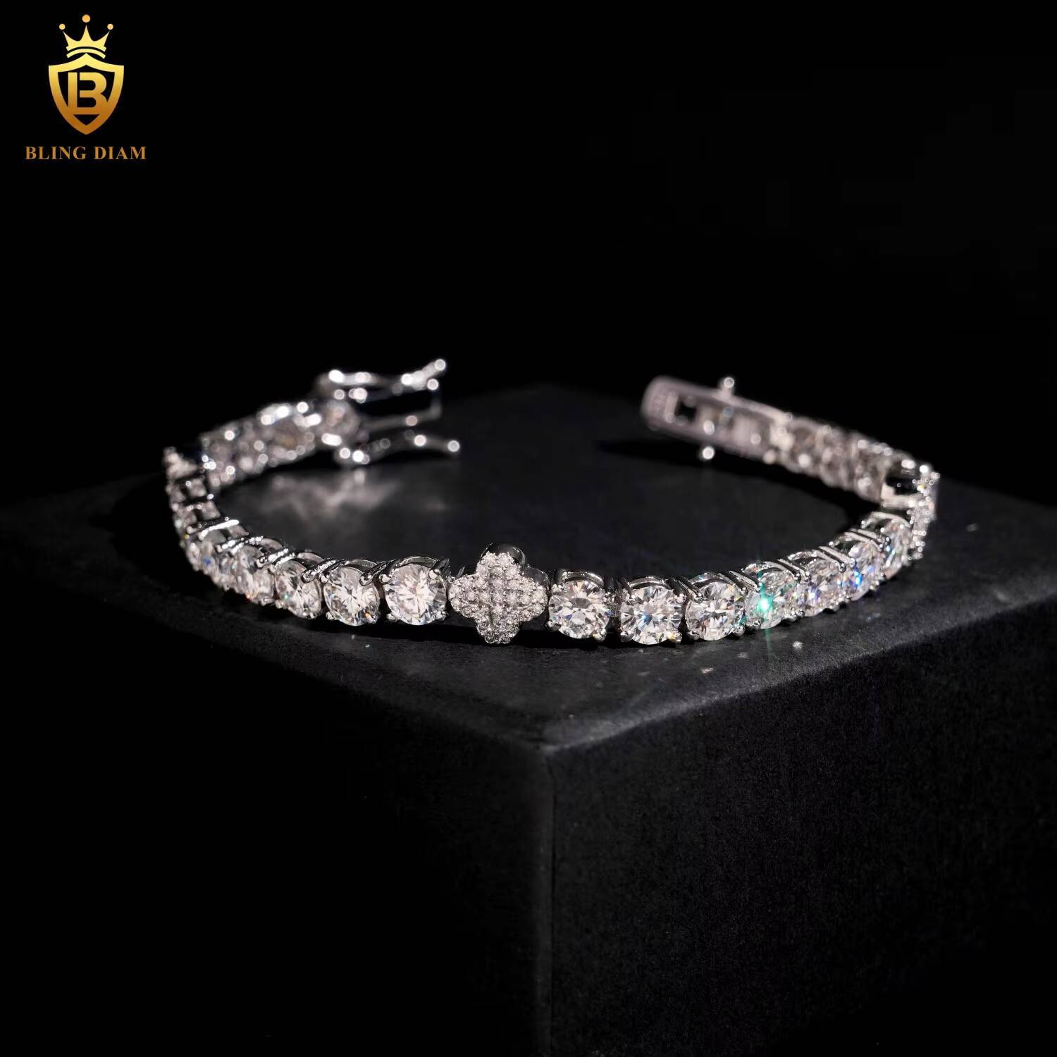 5mm Fine Jewelry 925 Sterling Silver Vvs Moissanite FourLeaf Clover Tennis Chain Bracelet Necklace Set