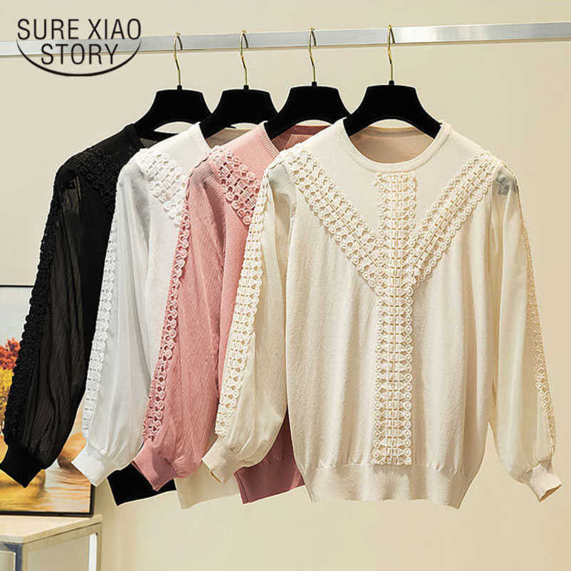 Women Lace Shirt Knitwear Casual Knitted Blouse Spring Autumn Fashion Loose Lantern Long Sleeve Ladies Tops Blusas 11729 210528wtt