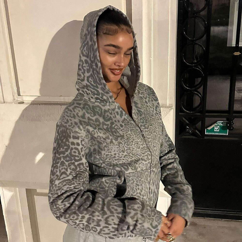 Autumn New American Style Leopard Digital Print Hoodie Loose Zipper Cardigan Sweatshirt