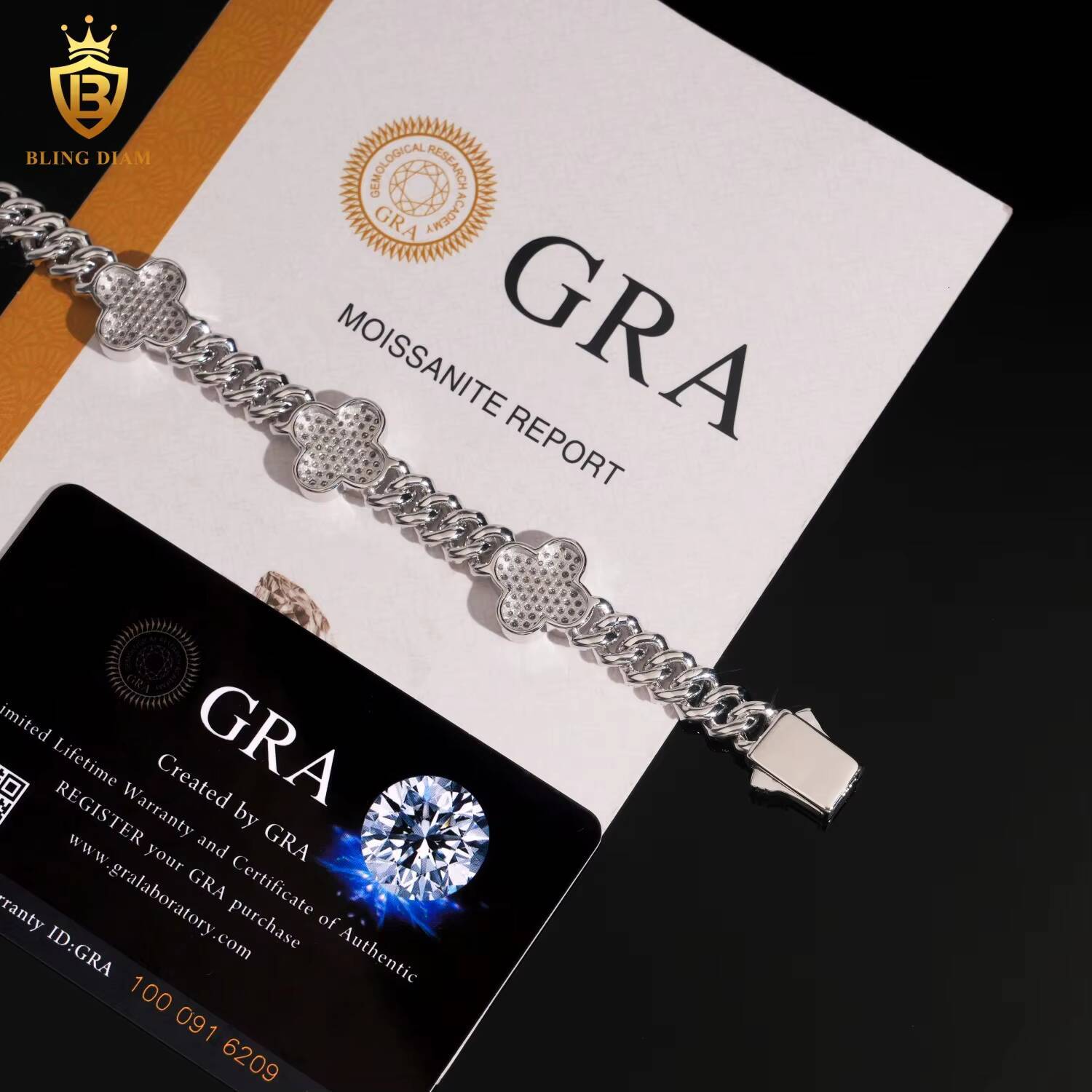 Fashion Four Leaf Clover Link Chain Bracelet 8mm Bracelet Pass Diamond Tester VVS Iced Out Moissanite Hip Hop Chain 925 Silver