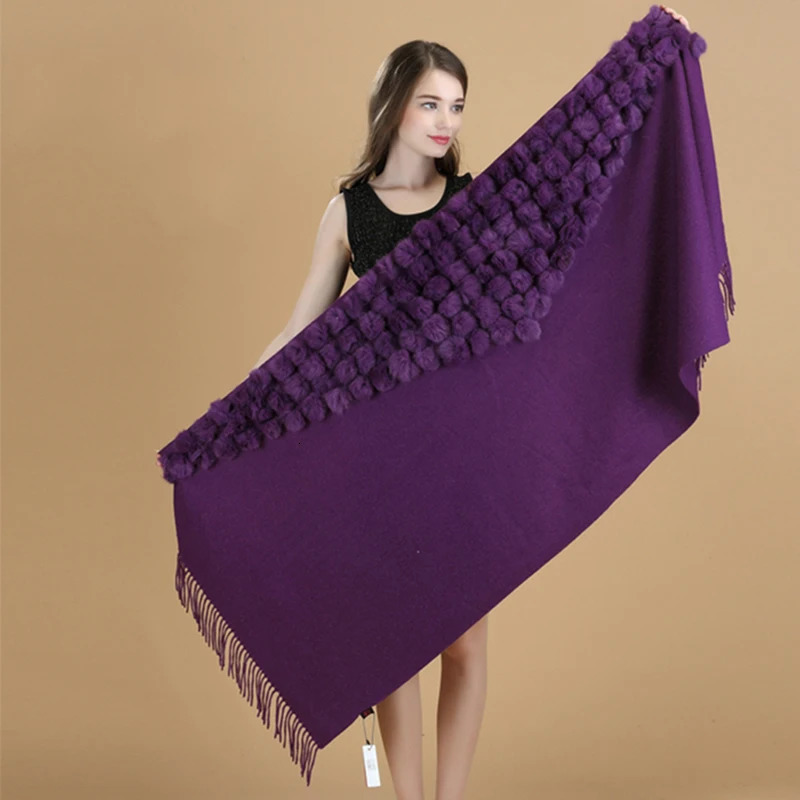 ZDFURS Scarf Women Winter Thick Genuine Rabbit Fur Pompom Ball Shawls and Womens Wool Cover Cashmere Pashmina 250928
