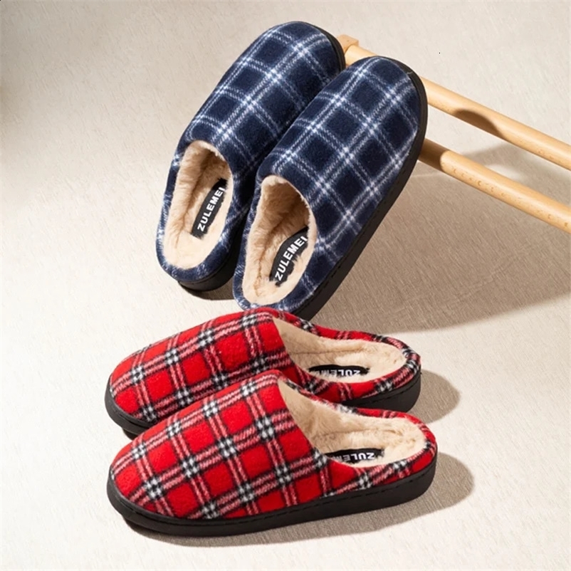 Mens Striped Warm House Fleece Cozy Non-slip Plaid Cotton Mops Couples Slippers Winter Soft Indoor Bedroom Couples Shoes241226bj