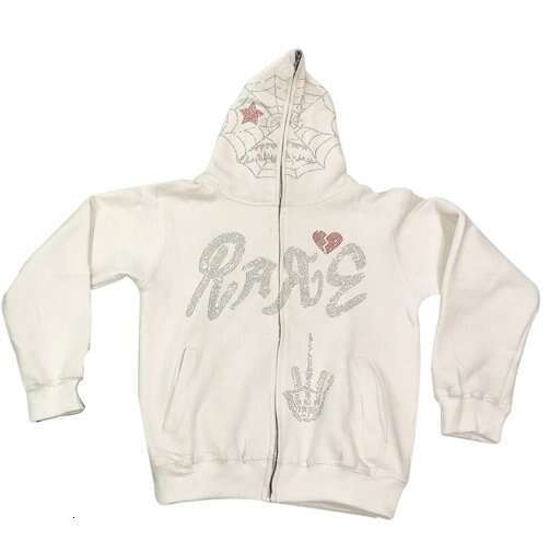 Printed Rhinestone Hooded Cardigan Zipper Loose Unisex Trendy Sweatshirt Jacket