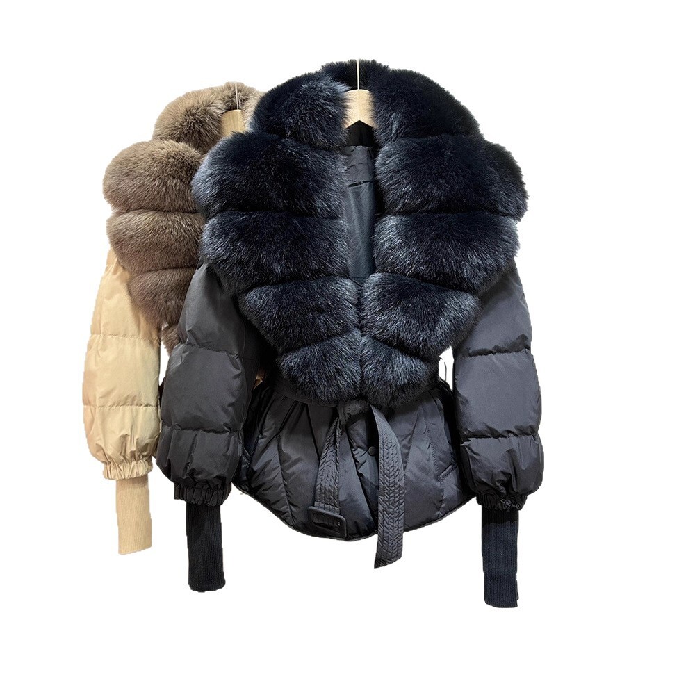 2025 Dongdaemun New Style Knitted Sleeve Belt Fashion Women's Short Down Jacket with Fox Fur Collar