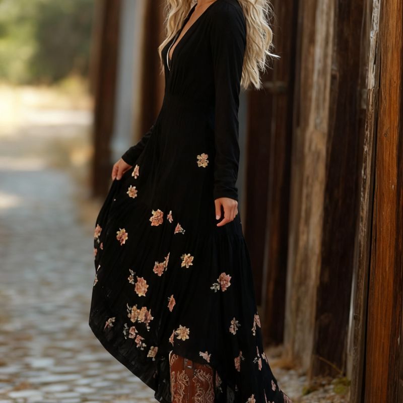 Women's Long Sleeve Floral Print A-Line Midi Dress - Milk Silk Elegant Casual Vacation Black Dress-CF52862