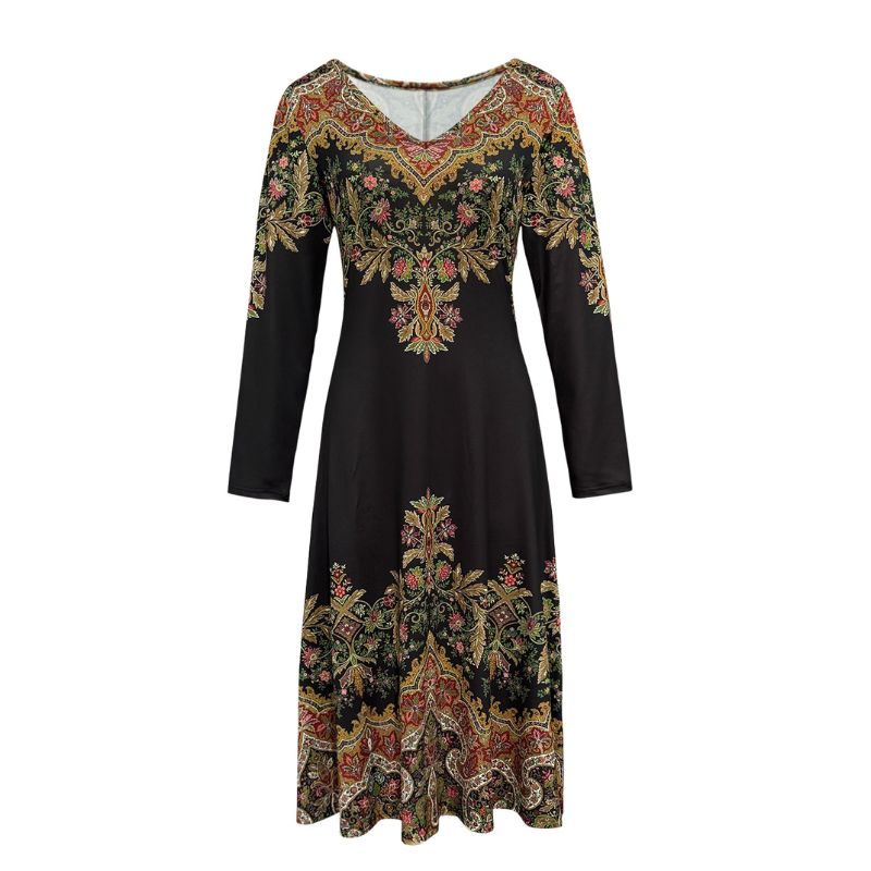 Women's Long Sleeve V-Neck Vintage Paisley Print Midi Dress - Autumn Winter Elegant Office Commute Style-CF40381