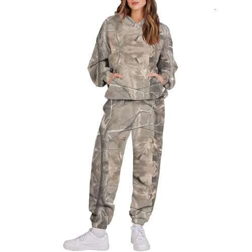 Women's Camouflage Leaf Sports Two-Piece Hooded Long Sleeve Sweatshirt and Sweatpants Set