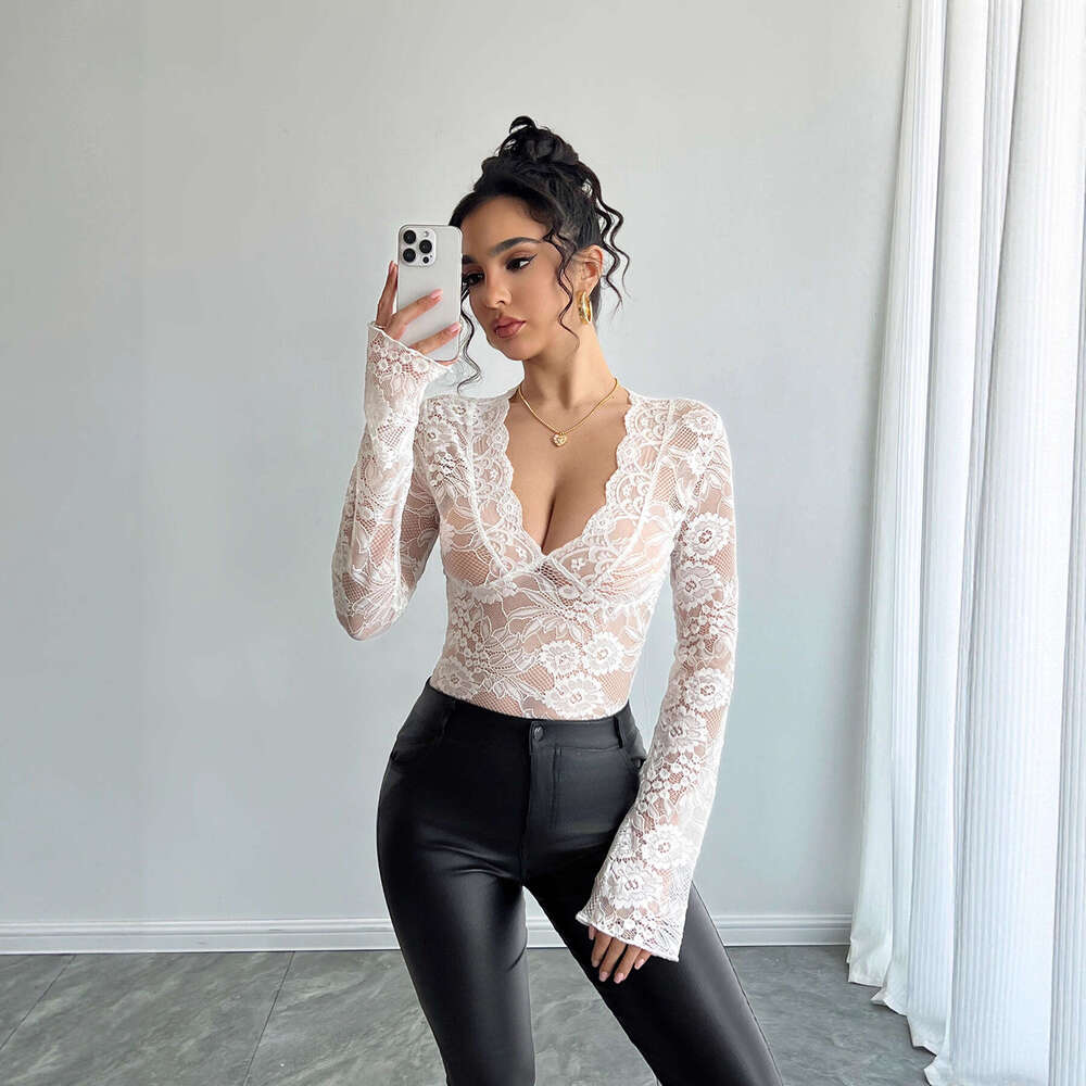 2025 Autumn Winter New Women's Solid Color Sexy Lace Slim V-neck Long Sleeve T-shirt Top