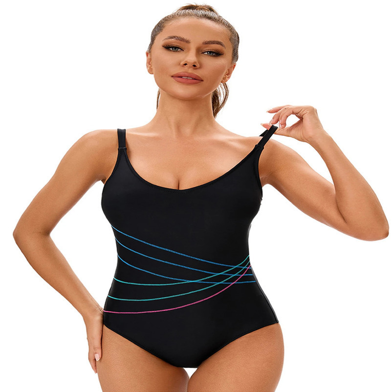 Striped Print Sport Swimwear Women One Piece Swimsuit Female Bathing Suit Plus Size Swimming For Monokini 250106