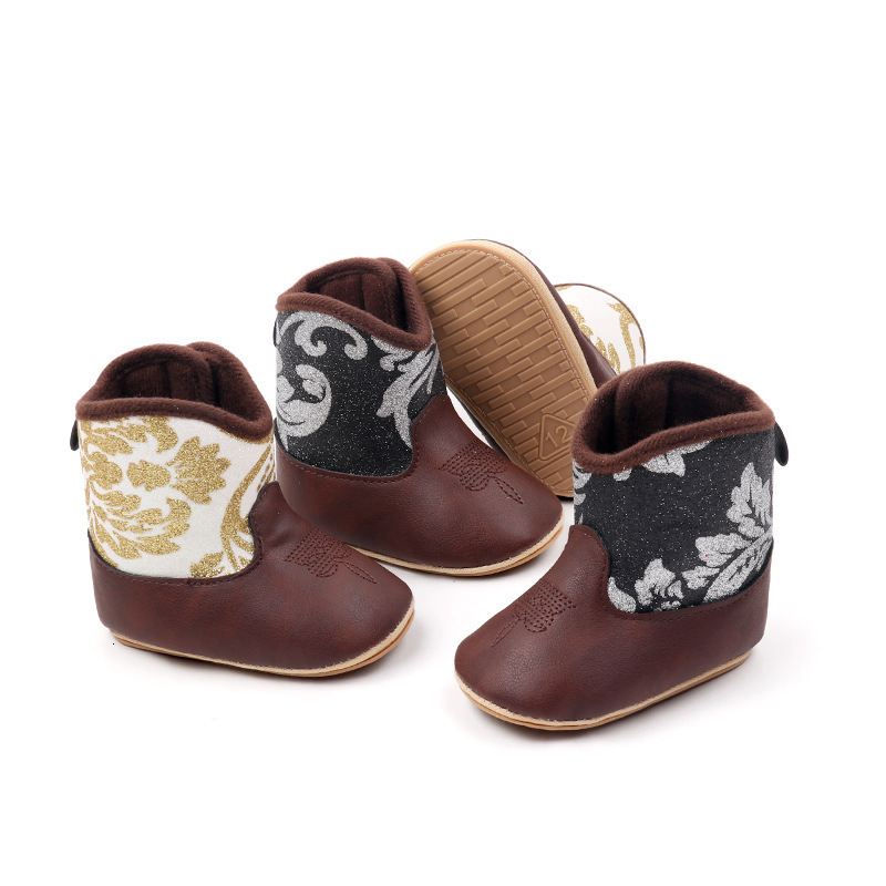 New winter baby boots with soft sole and anti slip design for girls, fashionable western denim boots, trendy baby shoes, designer shoes
