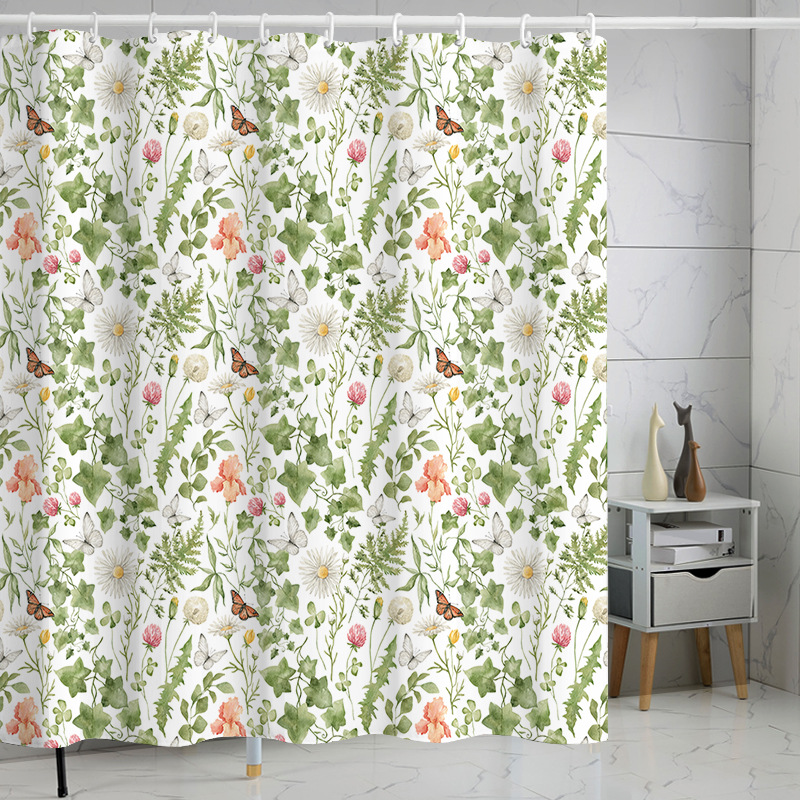 YL-37276 Tropical green leaf print shower curtain bathroom curtain waterproof and mildew proof partition curtain punch-free hanging curtain