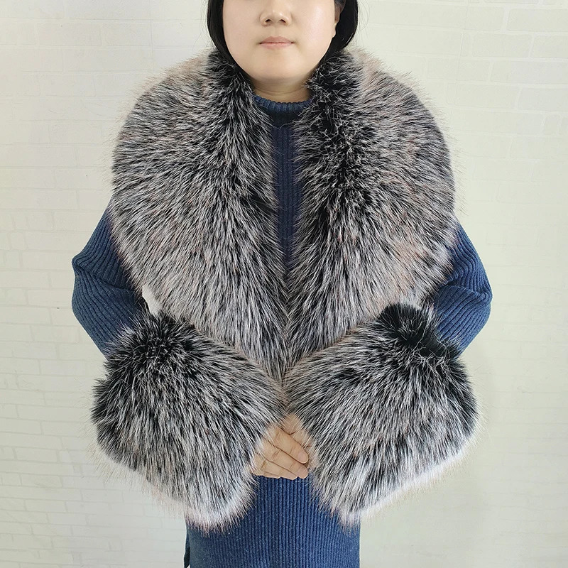 Large Winter Faux Fox Fur Scarf Women Jackets Warm Fluffy Shawl Fashion Artificial Fur Collar And Cuff Set Fluffy Scarves Female 250928