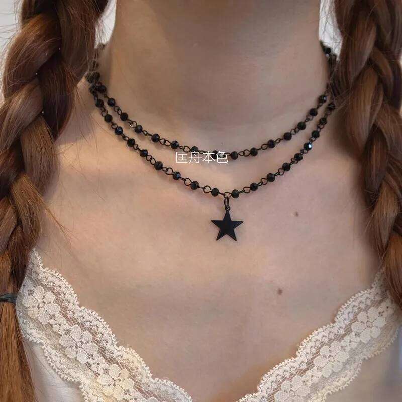 Y2K Punk Double Layered Black Crystal Bead for Women Hip Hop Cool Star Pendant Necklace Fashion Jewelry Accessories