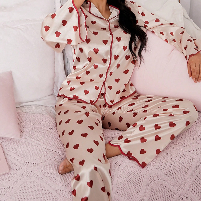 New Women's Spring/Fall Silk Satin Heart Print Long-Sleeve Pajama Set with Pants