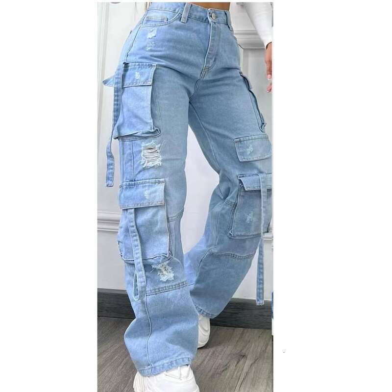 Women's Clothing New Fashion Solid Color All Match Large Size High Waist Multi Pocket Casual Workwear Denim Trousers For Women