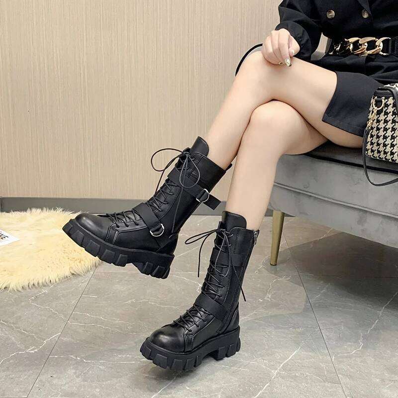Heel 5CM 2025 New Lace-Up Platform Shoes Leather Women British Short Ladies Ankle Boots Fashion Botas De Mujer