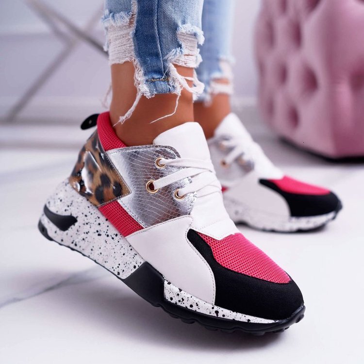 Designer women's single shoe thick sole leopard print color blocked lace up casual sports shoes 2025 new women's shoes