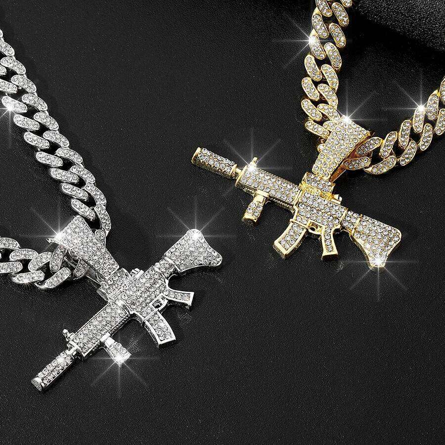Mens Womens Crystal Gun AK47 Pendant Punk Hip Hop Rap Cuban Chain Necklace Jewelry Gift