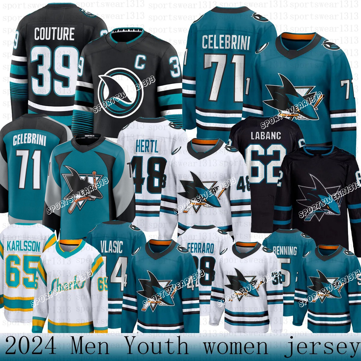 San Jose Sharkss Jersey 71 Macklin Celebrini 39 Logan Couture 64 Mikael Granlund Hockey Jerseys