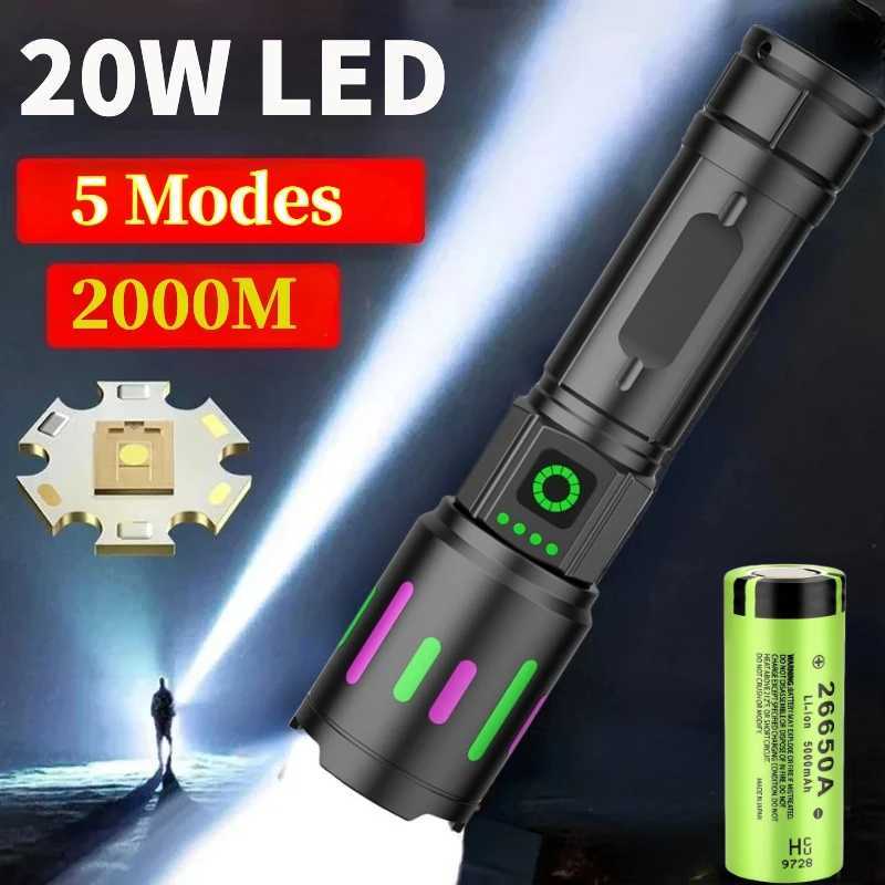 Powerful Flashlight 20W High Lumens Rechargeable Led Flashlight Zoom 2000m Long Range Tactical Lamp Ultra Powerful Torch D250928