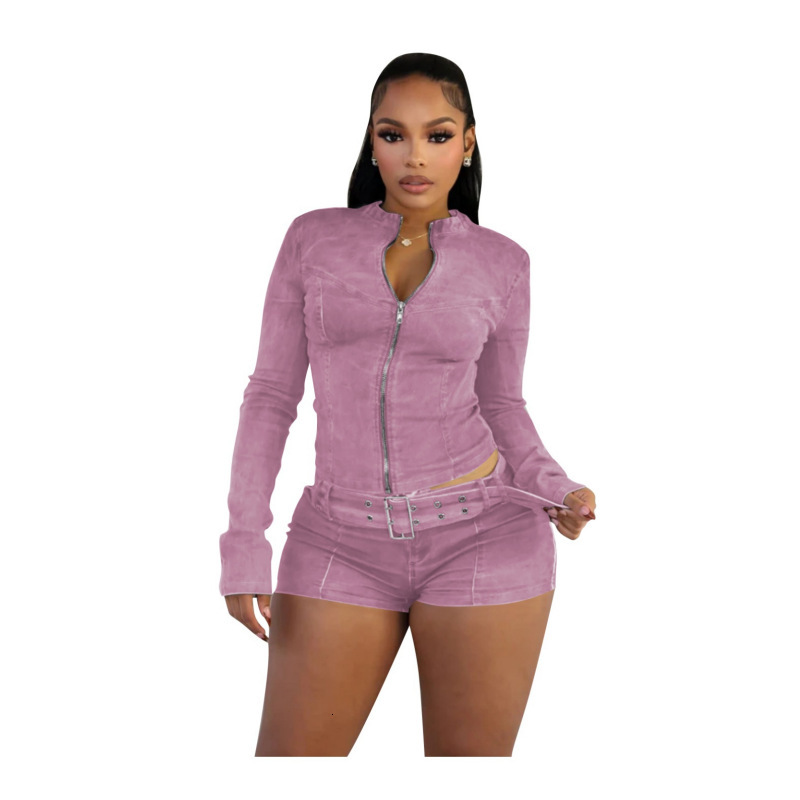 Women Tracksuits Two Pieces Set 2025 New Denim Shorts Set Long Sleeve Elastic Shorts Belt Set 4 Colors