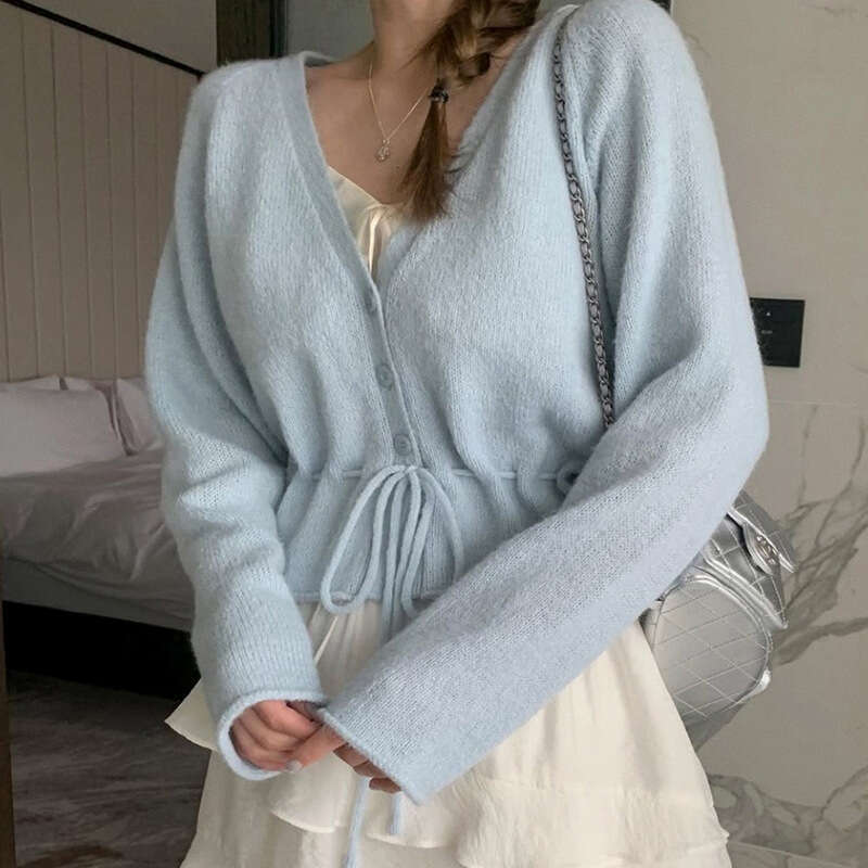 Autumn New Women's V-neck Tie Waist Fashion Long Sleeve Knitted Sweater Cardigan