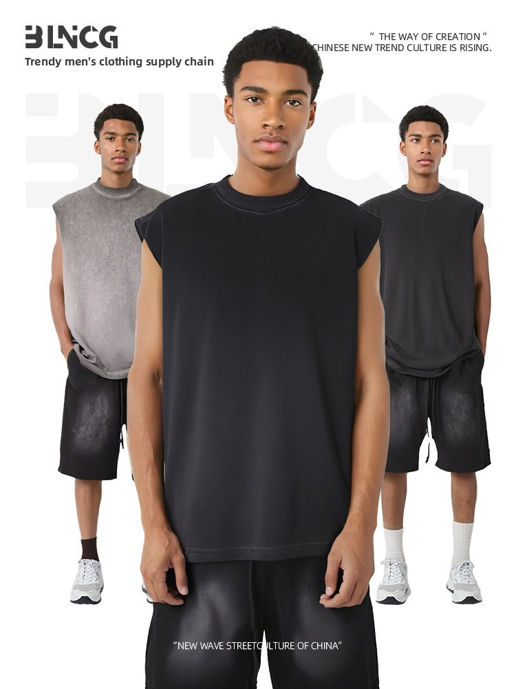 BLNCG Men's Cotton Sleeveless Tee: Summer Paris Hue, Washed Snow Wash, Loose Streetwear Sports Tank Top-KFMBX-10
