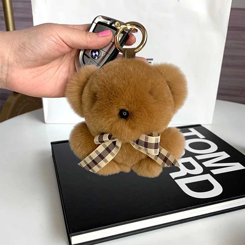 Cute Little Brown Bear Real Rex Rabbit Fur Keychain Ladies Car Bag Pendant Fashion Accessories Fluffy Key Ring Girl BagXJ250928