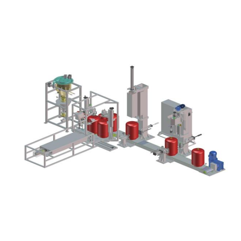Cart-fed filling line for automatic filling of cart-fed dry powder fire extinguishers