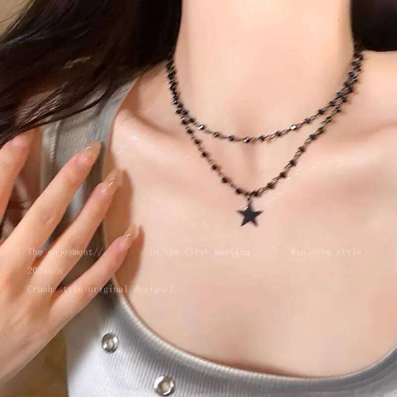 Y2K Punk Double Layered Black Crystal Bead for Women Hip Hop Cool Star Pendant Necklace Fashion Jewelry Accessories