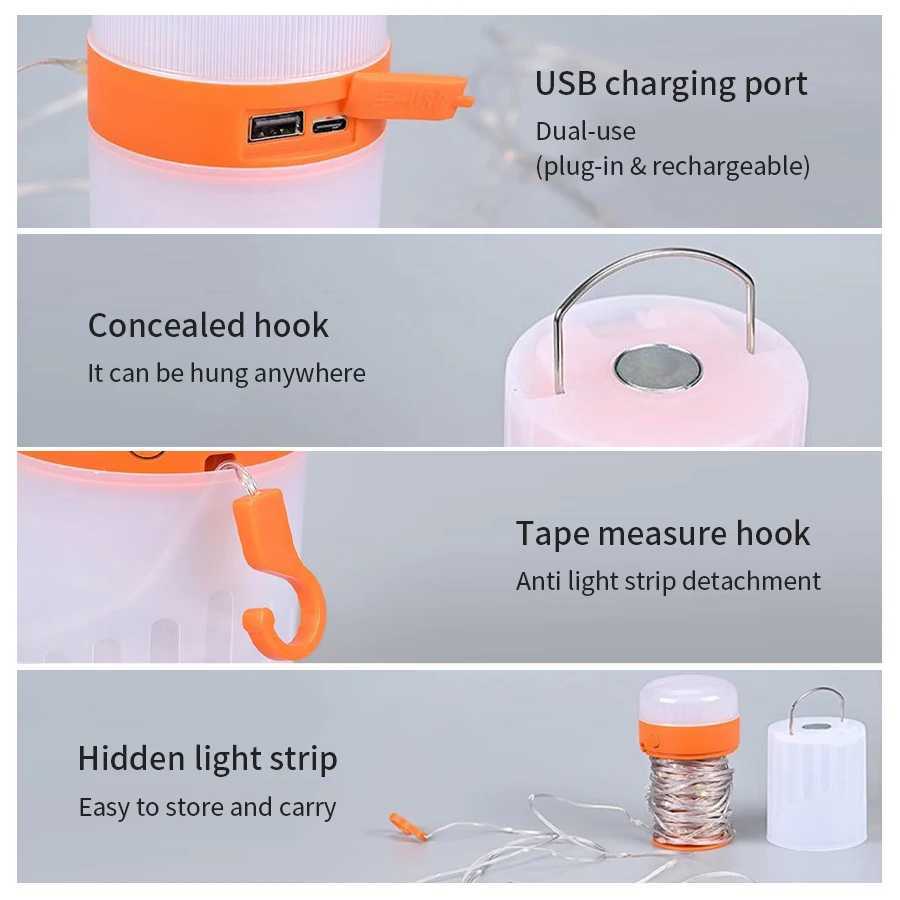 USB Rechargeable Camping String Light 2in1 Outdoor Waterproof Portable String Light with Lighting Mode Hiking Camping Light C250928