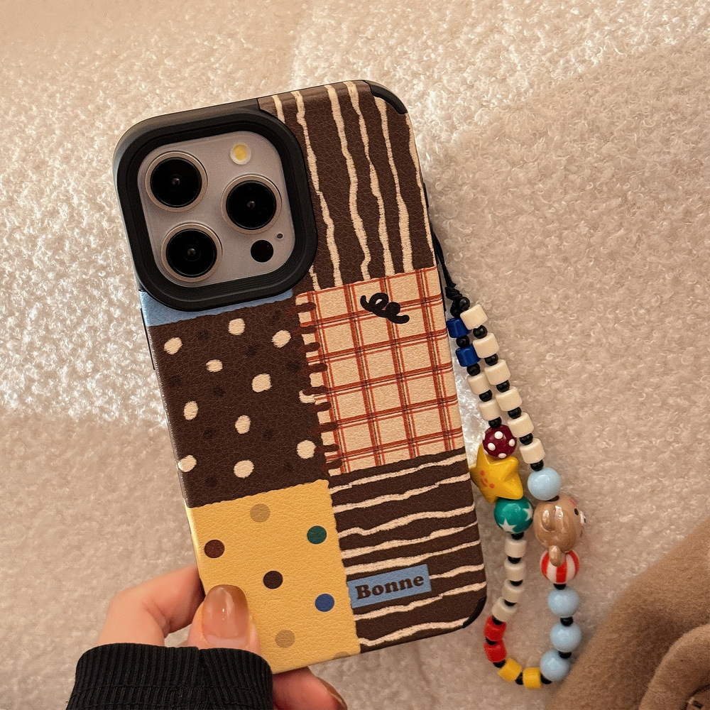 INS Polka Dot Patchwork Compatible iPhone 17 Apple 16 Phone Case 15 Pro Max Leather 14 with Chain 13