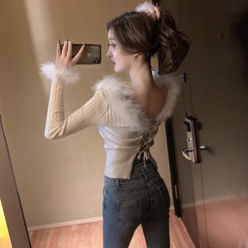 Women's Back Lace-up Sexy Sweater Plush Stitching Large V-neck Long-sleeved Knit Bottoming Sweater Top Ladies Club Tops ML259 201023