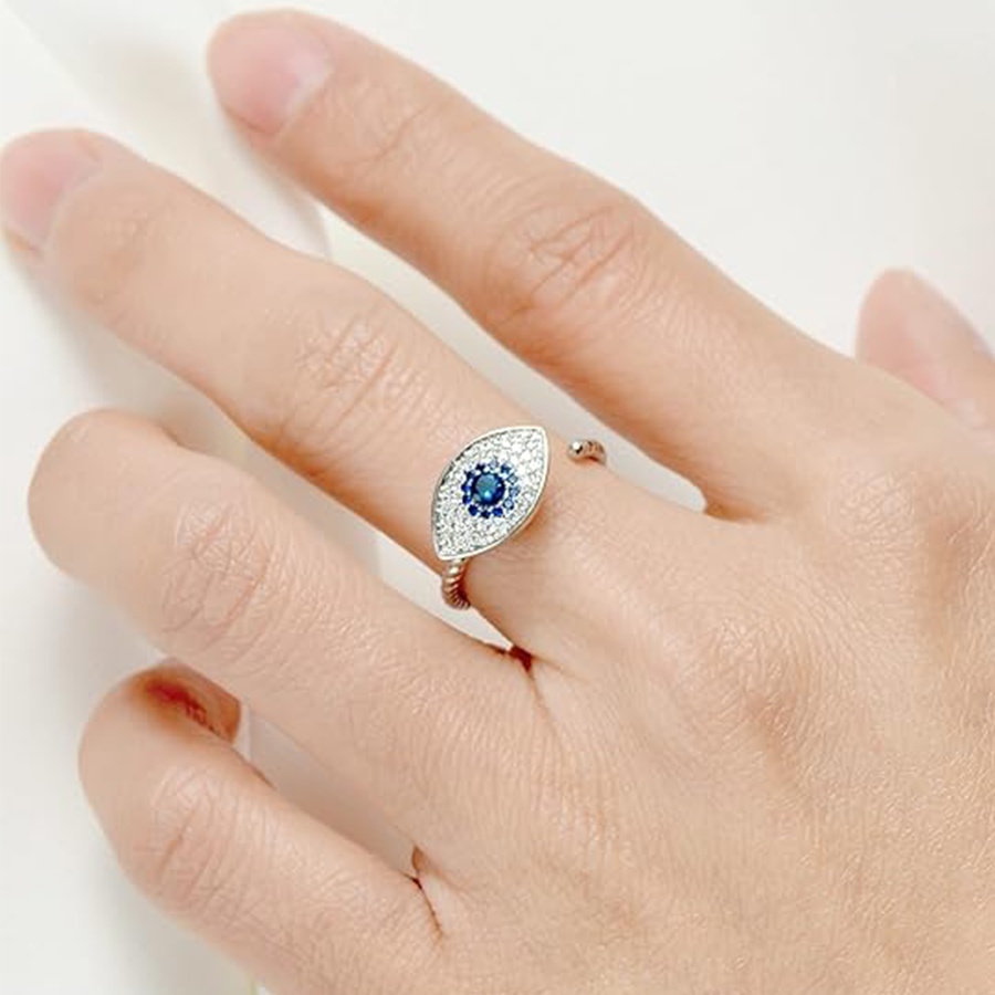 Fidget Anxiety Rings Rotatable Stress Relief Bead Ring Size Adjustable Open Design Ring Spinner Inlaid Cubic Zirconia Blue Eye Shape Ring Jewelry for 